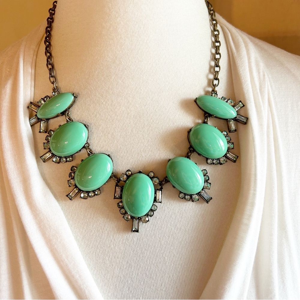 J. Crew Green Statement Necklace with Antique Brass Tone Setting